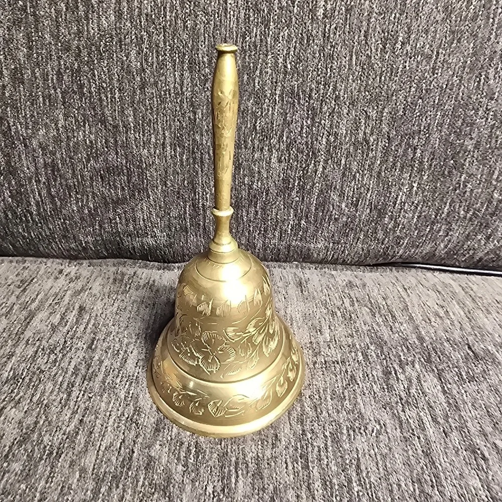 Vintage Solid Brass Hand Engraved Floral Bell 6 Inches Tall
